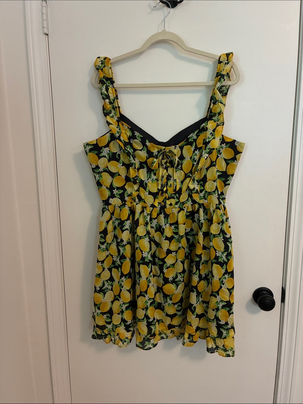 Betsey Johnson NWT Layla Lemon Mini Dress Sweetheart Lace-Up Ruffle Cotton - Picture 4 of 7